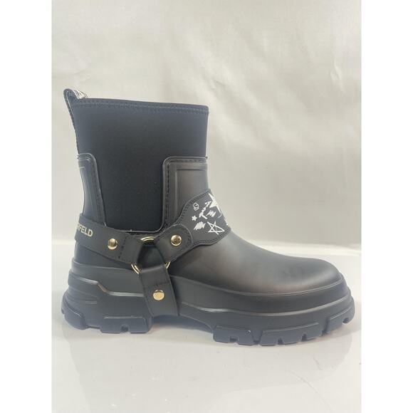Karl Lagerfeld Boots Womens Size 9 Black Ranelle Rain Rubber Lug Sole Harness